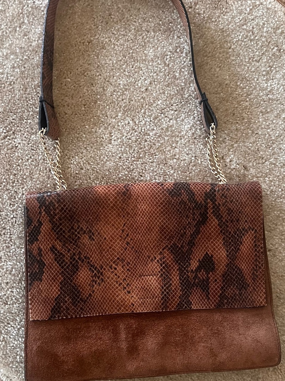 Suede Brown Snake-Print Shoulder Bag with Chain Accent